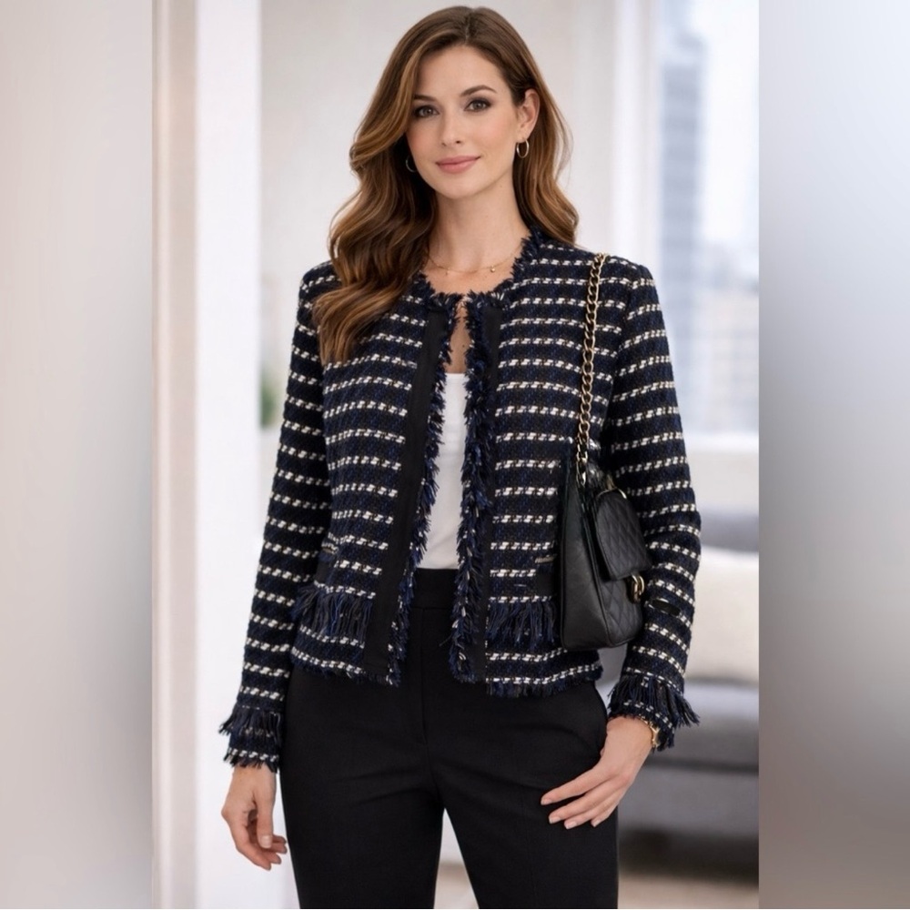 NWOT Halogen Raw Edge Tweed Fringe Jacket Navy Black White M
